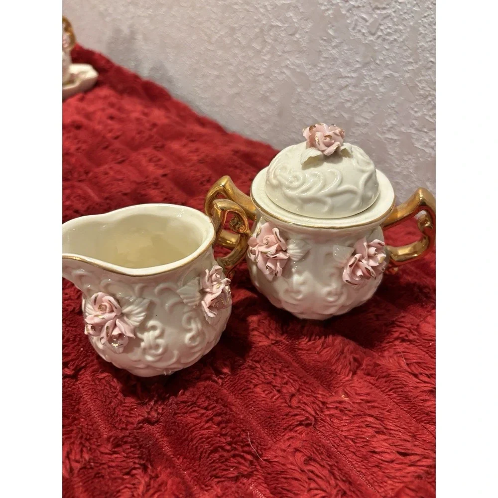 VTG Porcelain 3-D Rose 10k Gold Miniature 6 Piece Tea Set Victorian Cottagecore